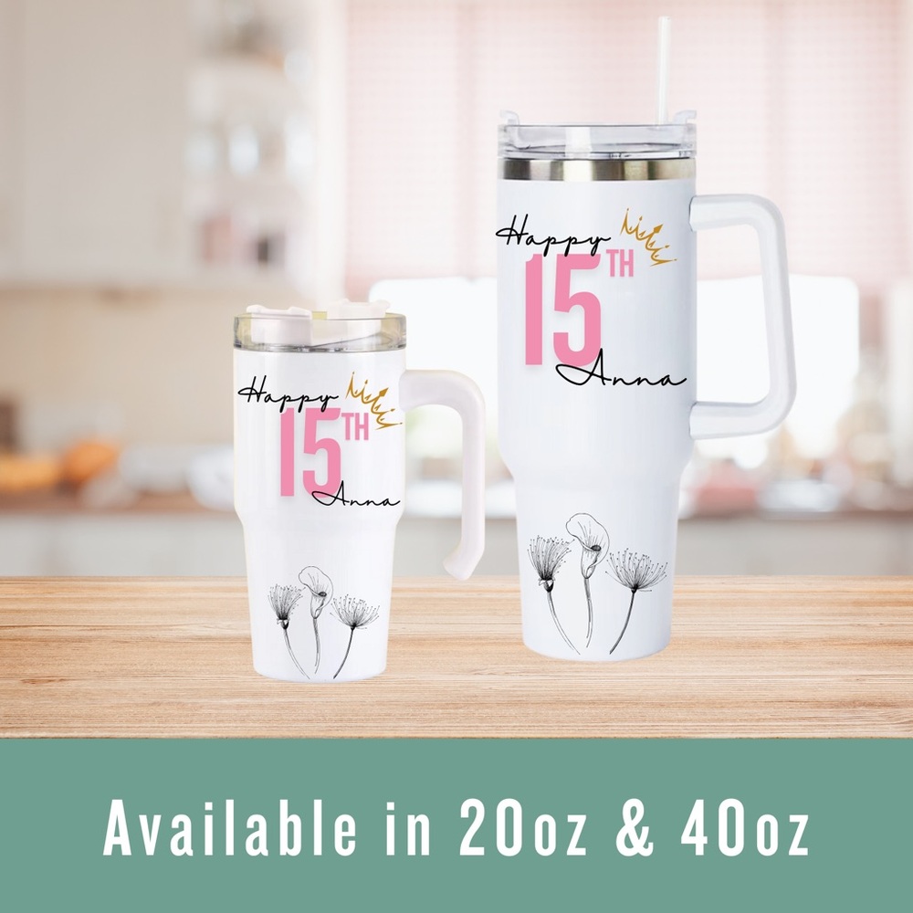 40 oz White Floral 15th Birthday Tumbler